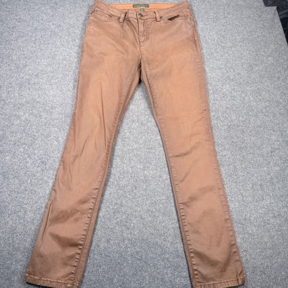 Lauren Ralph Lauren Waxed Jeans Co Brown Slim Straight Pants 10 Copper Cotton